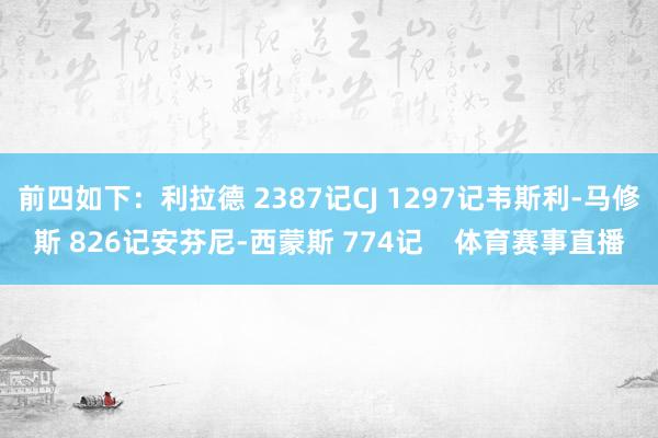 前四如下：利拉德 2387记CJ 1297记韦斯利-马修斯 826记安芬尼-西蒙斯 774记    体育赛事直播